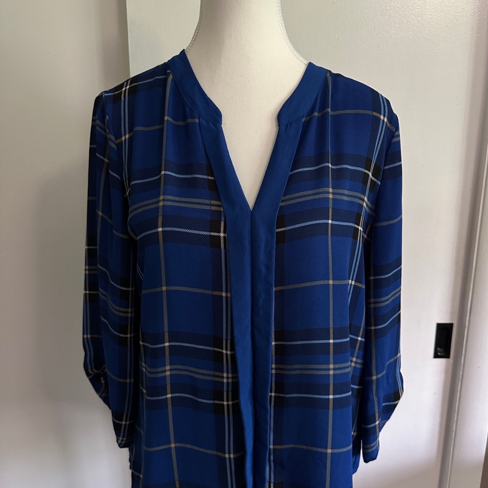 New York & Company Blue Mandarin Collar 3/4 Sleeve Blouse